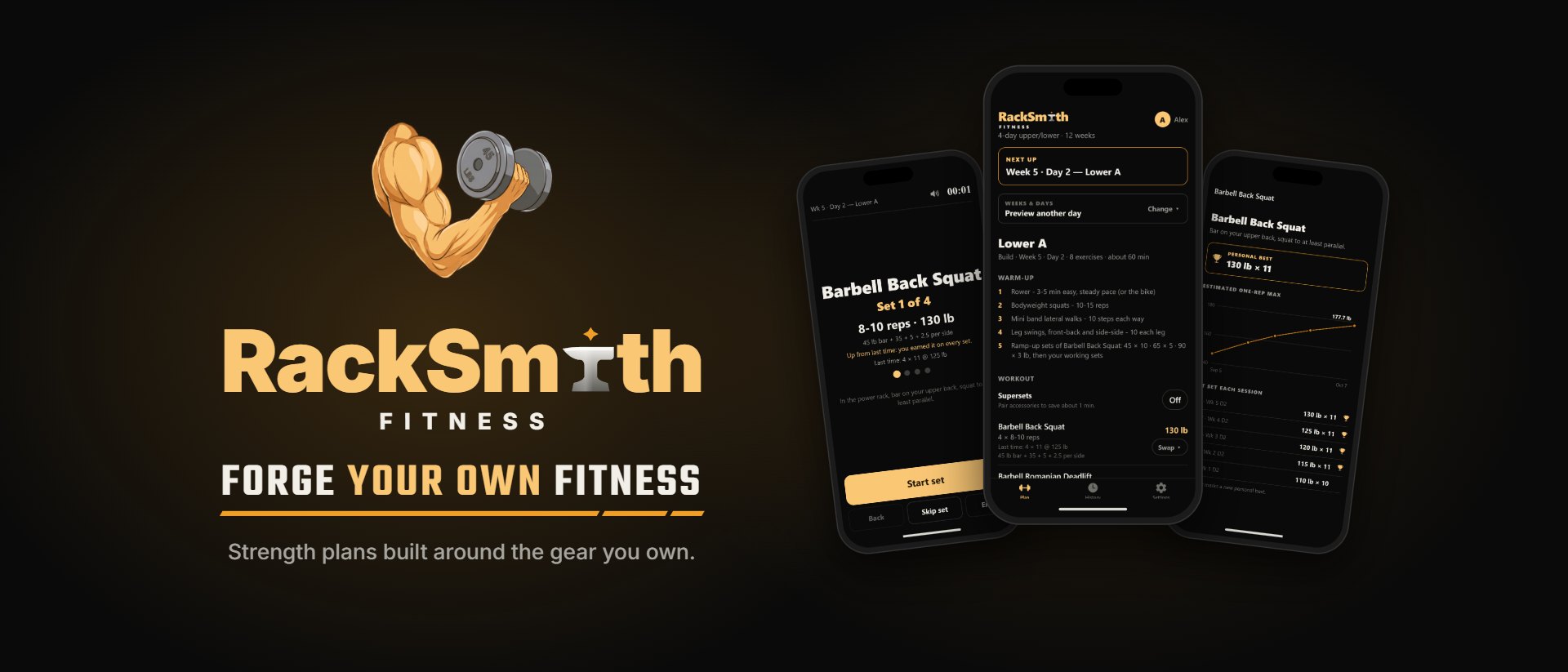 RackSmith Fitness on iPhone: the plan preview, a guided set and a strength chart